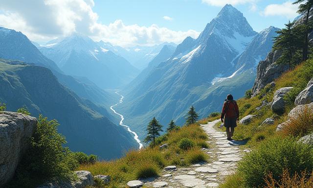 Stunning screenshot from Echoes of the Peak showing a detailed mountain landscape with a player character exploring a winding path towards a distant, snow-capped summit, reflecting the game's focus on exploration and environmental impact.